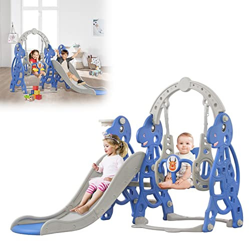 HENGMEI Klettergerüst Kinder Freistehende Indoor 4 in 1, Kinderrutsche Basketballkorb Kinder Rutsche Outdoor ab 1 Jahr, Gartenrutsche Spielzeugrutsche, Blau 175x140x120cm, Typ B