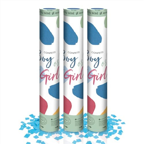 OH YEAH - Pack 3 Uds - Cañón Confeti Revelación de Género Azul 30 cm - Revelación Sexo Bebé - Confeti Azul - Baby Shower - FÁCIL DE USAR