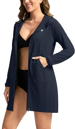 Women's UPF 50+ Swim Cover Up Sun Protection Hoodie Long Jacket SPF Lightweight Beach Cover Ups for Women(Navy,L)