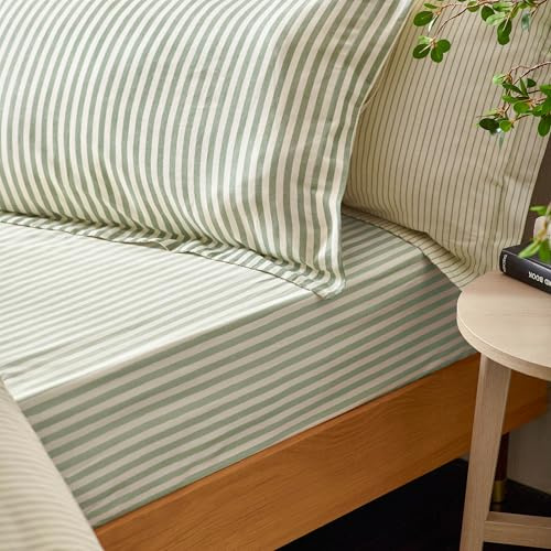 Furn. Yard Hebden 100% Cotton Striped Fitted Bed Sheet – Soft Textured Mélange Design (Forest – Double)