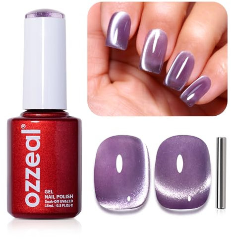 Ozzeal Cat Eye UV Gel Nagellack, 15ML Hell Lila Magnetischer Katzenauge UV Nagellack Frühling Sommer Glitter Gel Nagellack Holographisch Shimmer Gel Nail Polish Soak Off UV Led