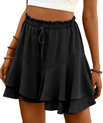 ABINGOO Pantaloncini Donna Estivi Casual Vita Alta Spiaggia Shorts Tinta Unita Gonna Pantalone Corta Elasticizzata Plissettata Pantaloncini(Nero,L)