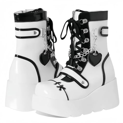 Femmes gothique grosse plateforme coins bottes à cheville avec chaîne coeur rivet Punk mi-veau bottes moto ronde orteil fermeture éclair coins talons hauts boucle Rave épaisse semelle chevalier bottes