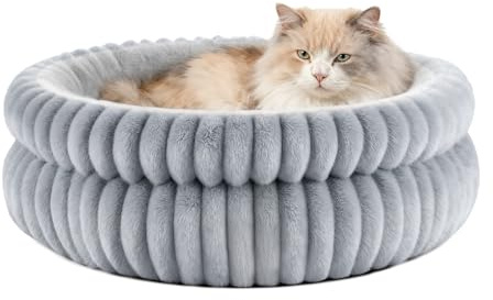 EDMIENS Katzenbett, Waschbar Indoor Katzenbett Flauschig, Rund Katzenkissen, zweiseitig Innenkissen Katzen Bettchen, Katzenkörbchen mit Rutschfester Basis fur Katzen, kleine Hunde (51x51x20cm, Grau)