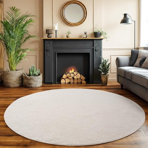 SIMPEX Teppich Rund 120 cm Creme Einfarbig Bouclé Schlingenflor Skandi Stil Modern Weich Strapazierfähig Pflegeleicht runder Teppich für Wohnzimmer Esszimmer Schlafzimmer