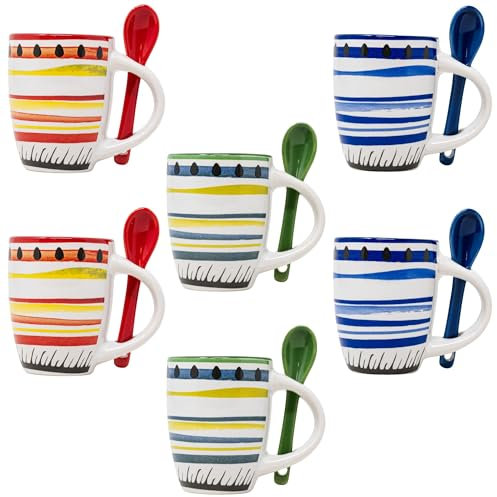 NAMAI - Set di 6 Tazzine Caffè Con Cucchiaino, 90 ML, Porcellana Resistente, Adatte in Lavastoviglie e Microonde, Colori Vivaci, Idea Regalo (Set 6 Tazzine con Cucchiaino)