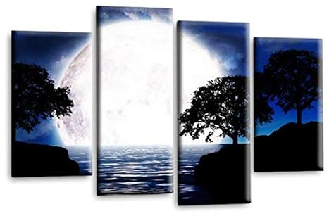 LR Landscape Wall Art Picture – Blue, Black & White Floral Framed 4 Panel Split Canvas Print | Ready to Hang | Modern Wall Art for Living Room, Bedroom & Office