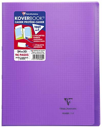 Clairefontaine 981605C QUADERNO a punto metallico Koverbook viola - 24x32 cm - 96 pagine a quadretti piccoli con margini - Carta bianca 90g - copertina in polipropilene