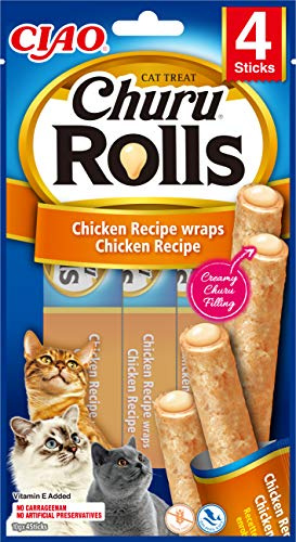 CIAO Churu Rolls – kattgodis för att mata ur handen – läckra kattsnacks med krämig fyllning – behandlar som pinnar med kyckling, täckt med kyckling 40 g (12-pack)