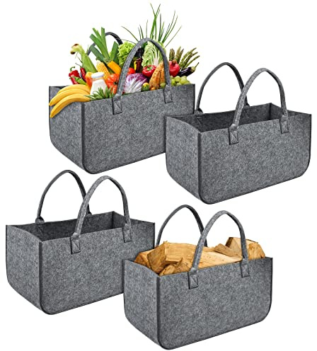 LZQ 4 Stück Groß Filztaschen Filztaschen Kaminholzkorb Filztasche Shopper Faltbar Filz kann als kaminholztasche, Einkaufstaschen, Büchertaschen (Hellgrau)