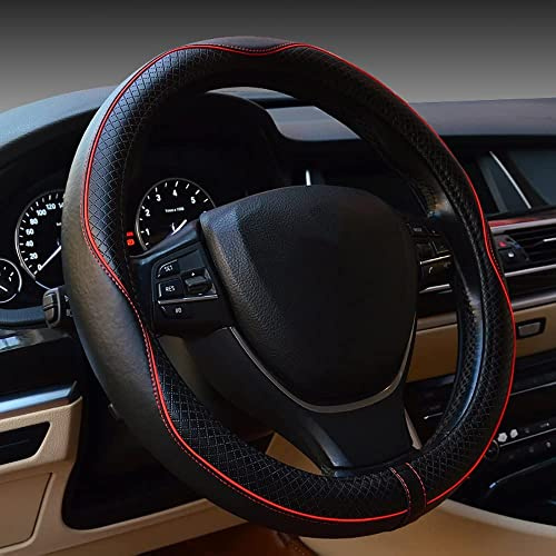 Gomass Car Steering Wheel Cover, Anti-Slip, Safety, Soft, Breathable, Heavy Duty, Thick, Full Surround, Sports Style (Black with Red line)