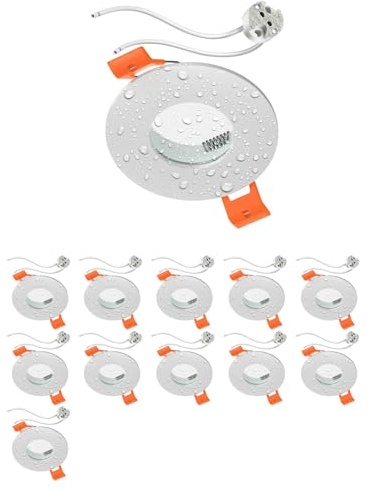 ledscom.de 12 Stück Bad-Deckeneinbaurahmen ERID, Feuchtraum, Badezimmer, IP44, rund, weiß matt, inkl. GU5.3 Fassung