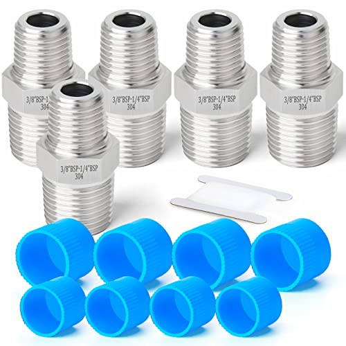 ERGAOBOY 5 Stück 1/4 Zoll BSP Außengewinde x 3/8 Zoll BSP Außengewinde Geschmiedeter Edelstahl Reduzier Sechskantnippelverbinder SUS 304 Rohrverschraubungen