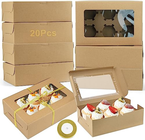 Honeueuen 20 x 6 Hole Cupcake Boxes with Clear Window, Cake Box with Adjustable Insert Cupcake Carrier for Cupcakes, Cookies, Muffins, Pastries and Donuts, Kraft