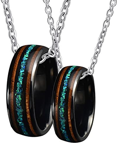 Bishilin Paar Halsketten Edelstahl, Charms Anhänger Ring 8MM mit Opal und Holz Partnerketten für Sie und Ihn