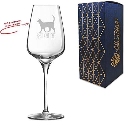 Personalised Engraved Novelty Wine Glass with Best Cat Dad Design, Add a Personalised Message to The Reverse, Laser Engraved, Gift Box Included, Gift for Dad, Birthday Gift, Cat Lover Gift