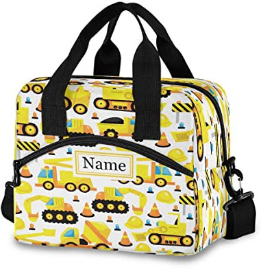 Bolsa de almuerzo personalizada para niños, ingeniería, camión de transporte amarillo, enfriador aislado, lonchera personalizada de gran capacidad, organizador de almuerzo para niños y niñas
