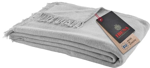 Ibena Braga Fransendecke 150x200 cm - Baumwollmix weich, warm & waschbar, Kuscheldecke mit Fransen hellgrau einfarbig