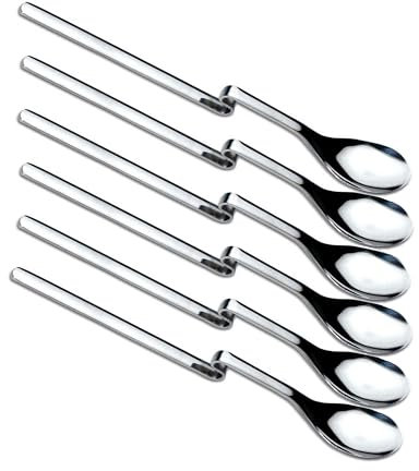 6 x Longdrink Löffel mit Knick (20 cm lang), Latte Macchiato Löffel, Joghurt, Cocktail, Edelstahl poliert, spülmaschinengeeignet, frei von Nickel