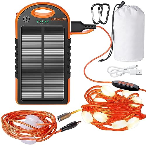 SOONCOR Lichterkette, für den Außenbereich, mit Akku, USB, wiederaufladbar, solarbetrieben, 12 + 5 LEDs, 9 m, abnehmbar, 7 Leuchtmodi, verstellbar, Lampe für Camping, Zelt und Haus.