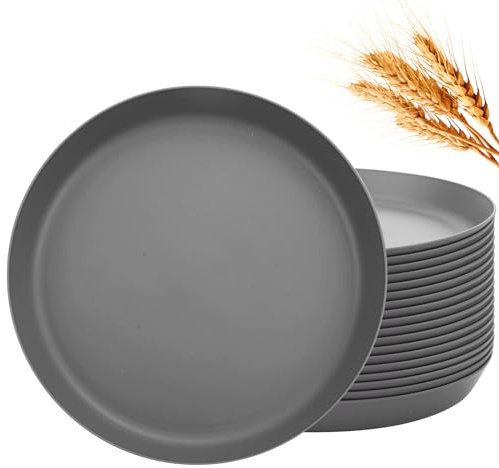 EI 18pcs Dark Grey Wheat Straw Plates Set,Unbreakable Deep Dinner Plates,Reusable Heavy Duty Plastic Plate,Lightweight Salad Plate for Camping,Kitchen,Picninc