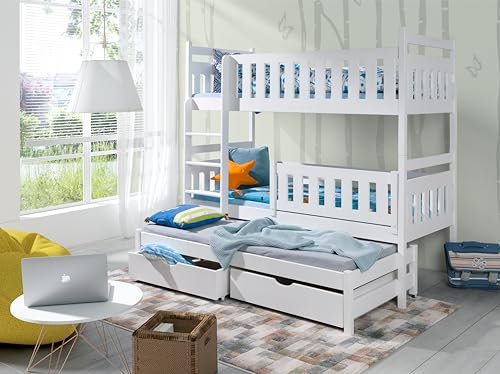KEF ANIA Etagenbett Kinder 180x80cm - Etagenbett 3 Personen - Holz Kinderbett Ausziehbar - Etagenbett für DREI Kinder - Bett mit Ausziehbaren Schubladen und Matress - Weiß - Leiter Links