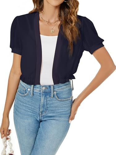 Famrrifuu Damen Bolero Chiffon Schulterjacke Kurzarm Sommer Kurze Cardigan Leichte Bolero Jacke für Kleid,Navy,S