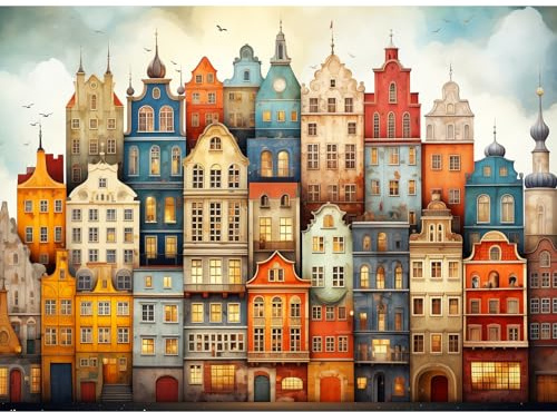MISITU Kunst Puzzle 1000 Teile für Erwachsene Farbiges Haus Puzzles | 70 x 50cm Puzzle 1000 Teile Bunt Puzzle Geschenk für Kinder ab 14 Jahren Dekorative Gemälde