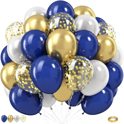 QQ Ballonger blå och guld, 60 stycken 30 cm (12 tum) marinblå pärla vit ballong set med metallic krom guld konfetti ballong latex helium party ballong för pojkar män födelsedag bröllop examen