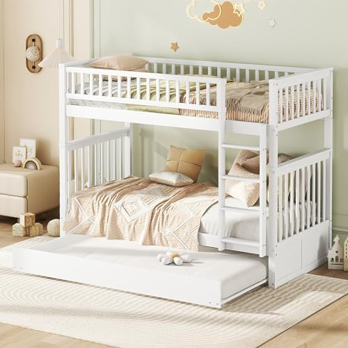 Dolamaní Lit mezzanine, 90 x 200 cm, superposé, pour 3 enfants, avec échelle, balustrade haute, escalier stable, lit mezzanine, pour garçons et filles, blanc (blanc, 90 x 200 cm)