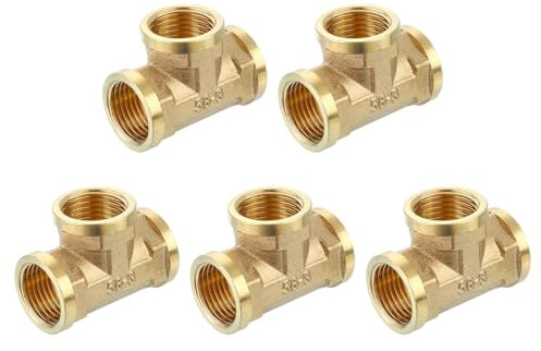 sourcing map Brass Tee Pipe Fitting, G1/2 x G1/2 x G1/2 3 Way T-Connector Fitting Coupler Adapter for Gas Transport Connect Pipelines, 5pcs