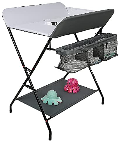 OHMG Baby Wickelkombi Klappbare Wickelkommode,Wickeltisch mit Rollen,Mobiler Wickeltisch mit Wickelauflage,Sicherheitsgurt und Ablagefächern,Wasserdicht und Höhenverstellbar,Stabil