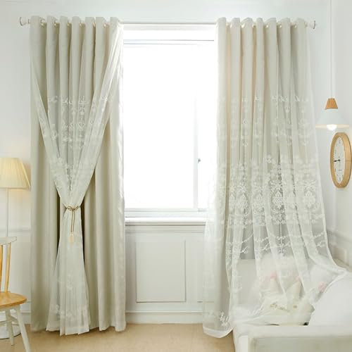 Beydodo Verdunkelungsvorhänge mit Ösen Beige, Gardinen Blickdicht 2er Set 102x160CM Doppellagig mit Voile Stickerei Blumen Motiv Vorhang Verdunkelnd Polyester Kinderzimmer Schlafzimmer