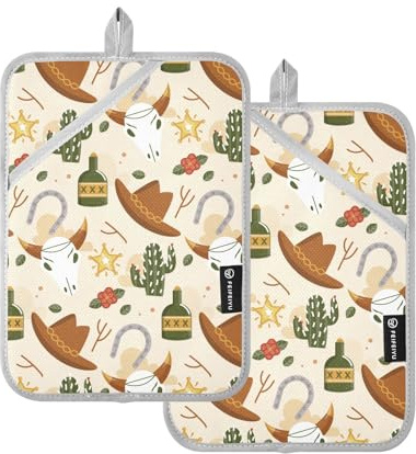 KLL Pot Holders for Kitchen, 2 Pack Heat Resistant Potholder with Pockets Hot Pads for Kitchen Oven Pads, 9.8x7 Mexican Boho Western Cactus