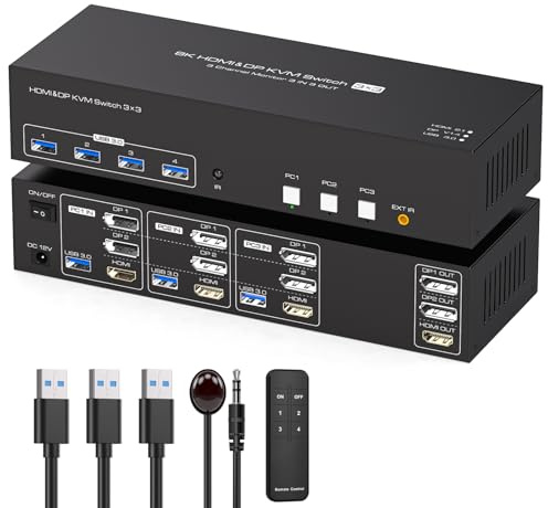TJCXELE 8K60Hz HDMI+Displayport KVM Switch 3 Monitors 3 Computers USB 3.0 Triple Monitor KVM Switches 4K144Hz for Triple Computers Share 4 USB Devices with Remote Control & Cables - Black
