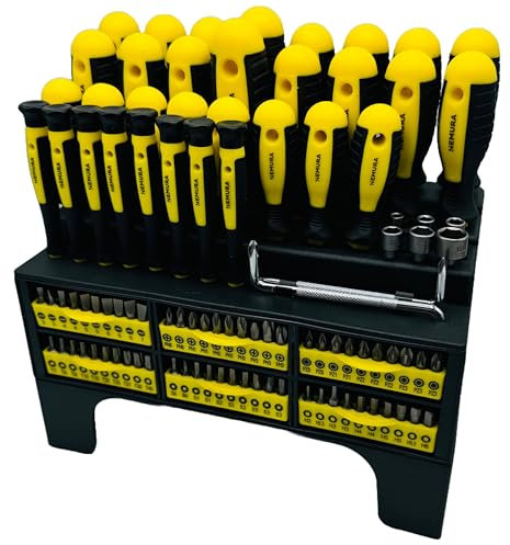 Nemura Coffret tournevis Et Embouts Magnétiques - 23 Tournevis, 8 de Precision, 1 Poignée, 6 Douilles et 60 Embouts - Chrome Vanadium - Support Rangement - Qualité Professionnelle - Marque Française