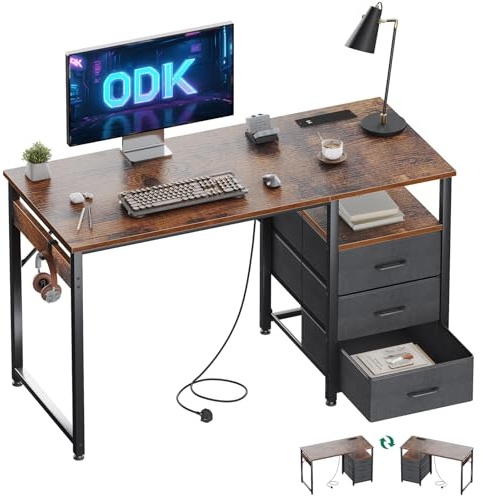 ODK Computer Desk with Drawers, 120cm Office Desk with Sockets, Brown