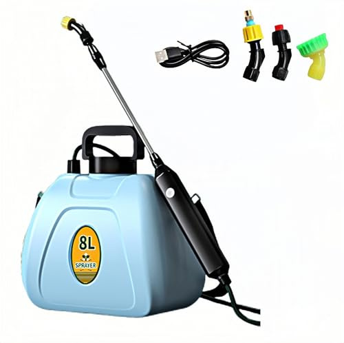 Batteridriven trädgårdsspruta 8 l, 2 gallon ogrässpruta med 3 dimmunstycken bärbar elektrisk trädgårdsspruta uppladdningsbart handtag, infällbar, vattenspruta för trädgårdsgräsmatta