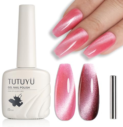 TUTUYU Pink Crystal Cat Eye Gel Nagellack,Crystal Coral Pink Cat Eye Gel Lack,Holographic Magnetic Shimmer Cateye Need UV/LED Lamp Manicure