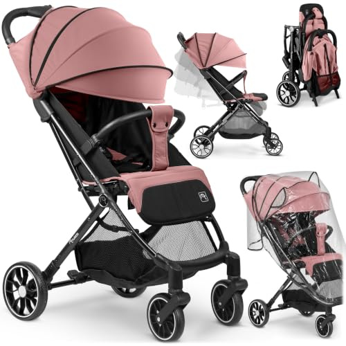 Nukido Kinder Wagen Kinderwagen Babywagen Bis 15 kg Große Räder Sitzbuggy Buggy Zusammenklappbar Handgepäck Leicht Verstellbare Rückenlehne Rosa