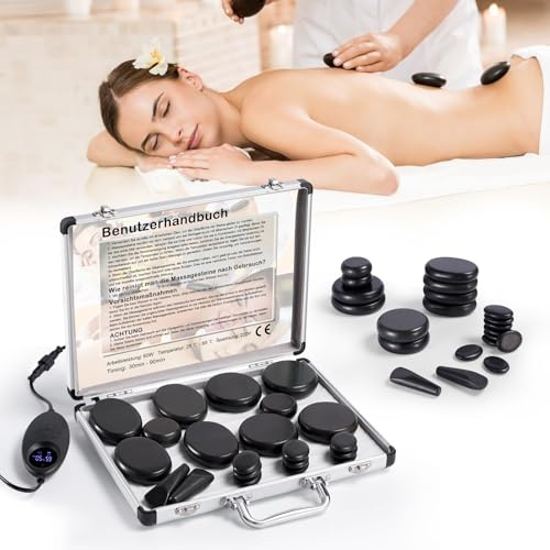 Ricyea Hot Stone - Set di 21 pietre laviche massaggianti in basalto portatile, temperatura regolabile, adatto per utenti domestici, spa, massaggiatore e relax