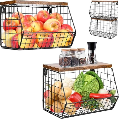 OHMG 2 Panier a Fruit,Panier Corbeille a Fruit Murale pour la Cuisine,Empilable Paniers Rangement pour Fruits Basket,Corbeille en Métal pour Ranger les Légumes
