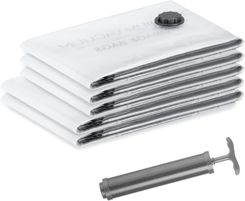 SilverRack Vakuumbeutel Kleidung u. Bettdecken 5 Stück mit Handpumpe | Inkl. Etiketten, 3x 60x80 cm, 2x 80x100 cm, Vakuumierbeutel für Kleidung u. Decken, XXL Vakuum Beutel
