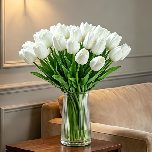 XIANNVXI 20 tulipani artificiali bianchi, tulipani in seta, decorativi, fiori finti bianchi, per interni, primavera, cucina, bouquet di nozze, decorazione Roma, 35,5 cm