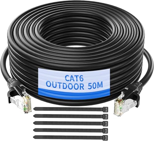 Gulaey Outdoor Indoor Cat6/Cat6e Ethernet Cable,Water Resistant Direct Burial LLDPE UV Jacket - 23AWG 10Gbps High Speed Gigabit Internet Network Cable with 50 Ties,Weatherproof for Router Modem (50M)