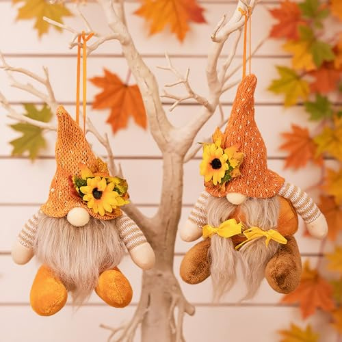 Lot De 2 DéCoration Automne GNOME Automne Suspendus avec Chapeau Tricoté Feuille D’éRable, Deco Automne Interieur IdéAle pour Automne Decoration Maison, FêTe des RéColtes Chaleureuse. (A)