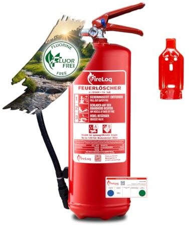 FireLoq 6L fluorfrei Schaum Feuerlöscher für Brandklasse AB mit 21A | 144B ergibt 6LE Dauerdruck inkl. Prüfnachweis,Wandhalter und Manometer
