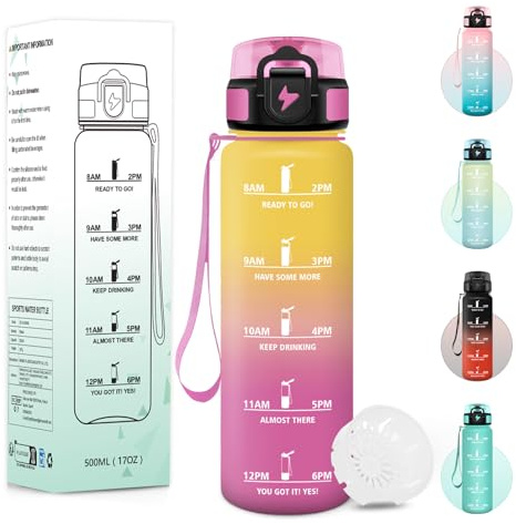 Baramumu Gourde, 500ML Sans BPA, Gourde Enfant, Avec Horodatage, Bouteille Anti Fuite, Conception de Verrouillage Anti-Fuite, Bouteille plastique pour École, Yoga, En cours d'exécution - Jaune&rose