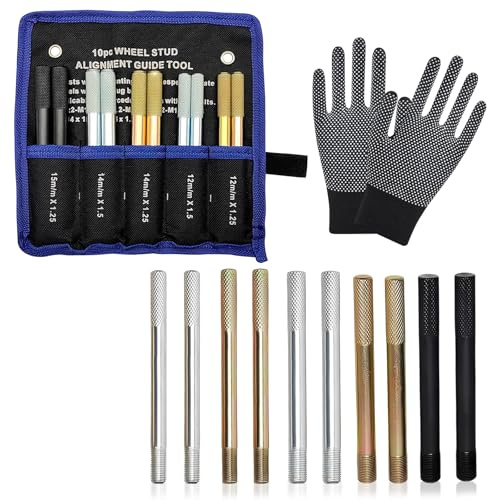 JSUOEO 10 Stück Radmontagehilfe Set, Rad Montagehilfe Fixierbolzen M12 x 1,25, M12 x 1,5, M14 x 1,25, M14 x 1,5, M15 x 1,25 mit Handschuhen KFZ Reifenmontage Werkzeug für Auto Reparatur & Montage