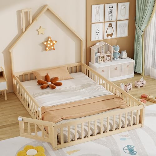 NNJN Hausbett, Kinderbett mit Schornsteinform, Bett mit Lattenrost (ohne Matratze), Kiefernholz, Minimalistischer Stil(Natur, 140 x 200 cm)